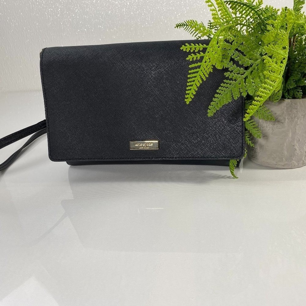 Kate Spade New York Black Saffiano Leather Crossbody Bag Gold Hardware Flap Bag